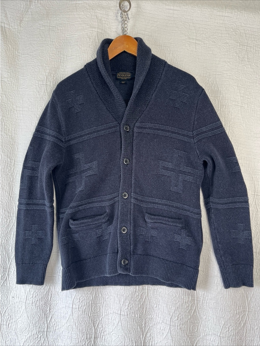 Pendleton Cross Motif Cardigan Sweater Mens Medium Blue Shawl Collar Cotton Cozy